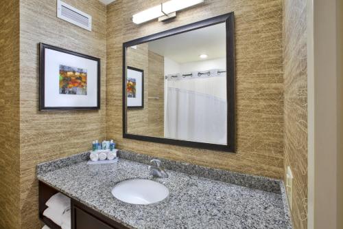 a bathroom with a sink and a mirror at Holiday Inn Express & Suites Geneva Finger Lakes by IHG in Geneva