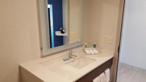 a bathroom with a sink and a mirror at Holiday Inn Express & Suites Oswego by IHG in Oswego