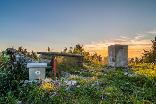 a field with two stone monuments and a box at House On The Hill (Hiška Na Griču) in Spodnja Idrija