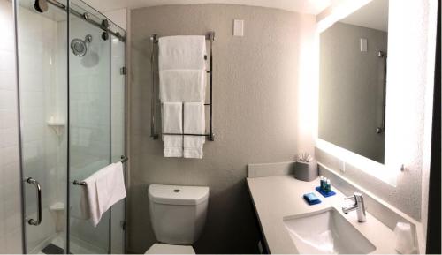 Holiday Inn Express Hotel & Suites Miami - Hialeah, an IHG Hotel في هياليه: حمام مع مرحاض ومغسلة ودش