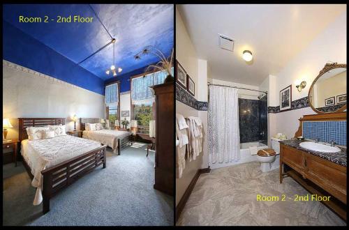 two pictures of a bedroom with a bed and a bathroom at The Palace Hotel in Port Townsend