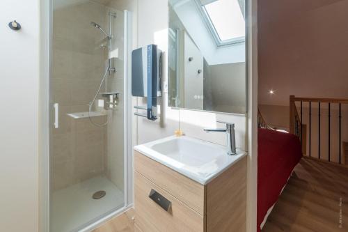 a bathroom with a sink and a shower at Le chant des Mésanges in Boves