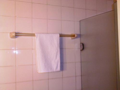 a towel hanging on a towel rack in a bathroom at Ilhéus Hotel in Ilhéus