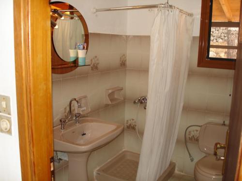 a bathroom with a sink and a toilet and a mirror at Paschos Rooms in Syvota