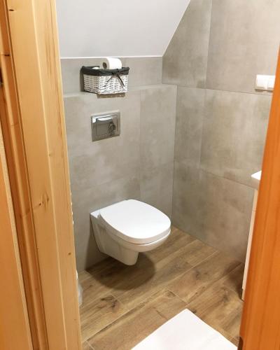 a bathroom with a toilet and a shower at Rezydencja Kojsowka in Witów