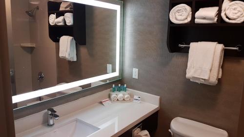 a bathroom with a sink and a mirror and towels at Holiday Inn Express Hotel & Suites Barrie, an IHG Hotel in Barrie