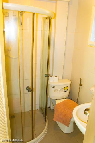 a bathroom with a shower and a toilet and a sink at Cottages @ Hill Resort in Mu Si