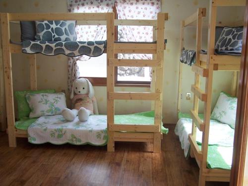 a bedroom with two bunk beds and a teddy bear on a bed at Africa Guesthouse in Jeju