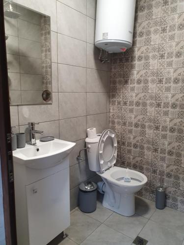 Baño pequeño con aseo y lavamanos en Студио Теа, en Sliven