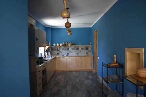 eine Küche mit blauen Wänden und Holzschränken in der Unterkunft Gnishik Eco Lodge in Gnishik