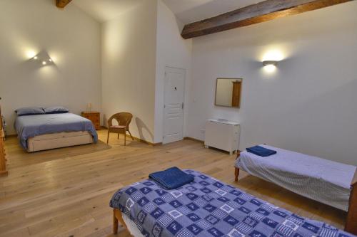 a room with two beds and a mirror at Les Tiers in Roquebrun
