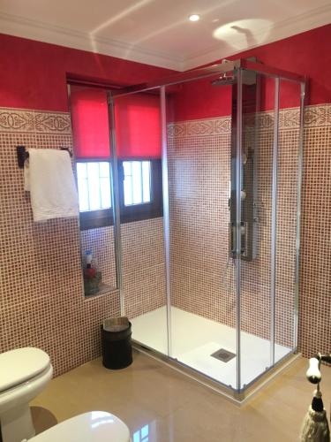 y baño con ducha, aseo y paredes de color rojo. en Dúplex-Ático de Nácar Casco Histórico, en Córdoba
