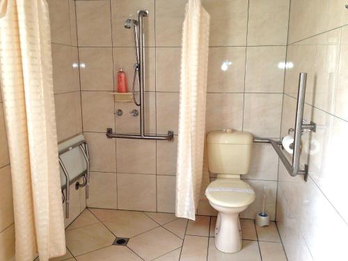 uma casa de banho com um WC e um chuveiro em Kyabram Motor Inn em Kyabram