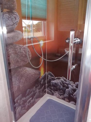 a bathroom with a rock shower with a glass door at Ferienwohnungen-Hasselroth in Hasselroth