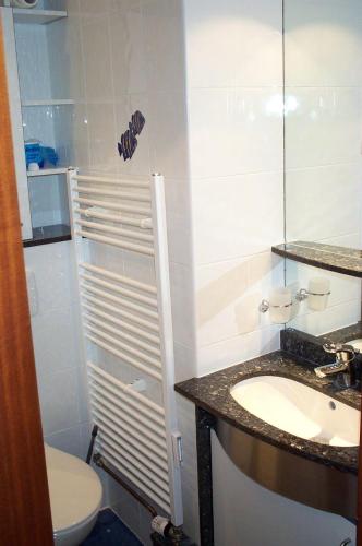 a bathroom with a sink and a toilet and a mirror at Ferienresidenz-79-5 in Staberdorf