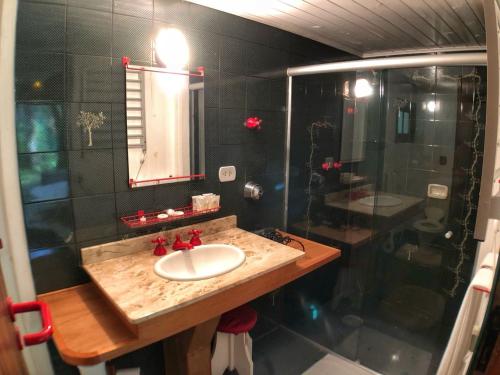 a bathroom with a sink and a shower at Pousada Villa D'Amore in Monte Verde