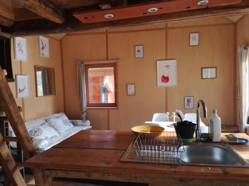 a kitchen with a sink and a living room at Le ptit Tavalan in Seythenex
