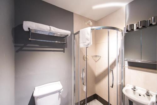 a bathroom with a shower and a toilet and a sink at Belmont House Hotel in Banbridge