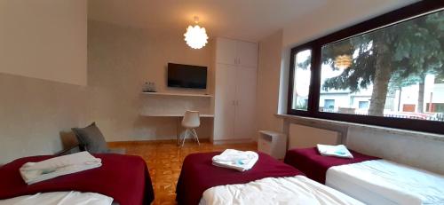 a room with two beds and a large window at WILLA BAJLAND in Warsaw