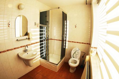 a bathroom with a shower and a toilet and a sink at Motel WiG in Sandomierz