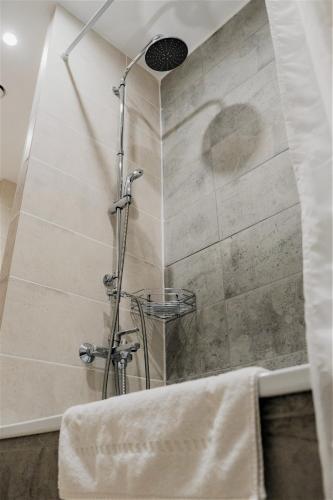 a shower with a glass door in a bathroom at BOUTIQUE HOTEL 1967 AQSAI in Aksay