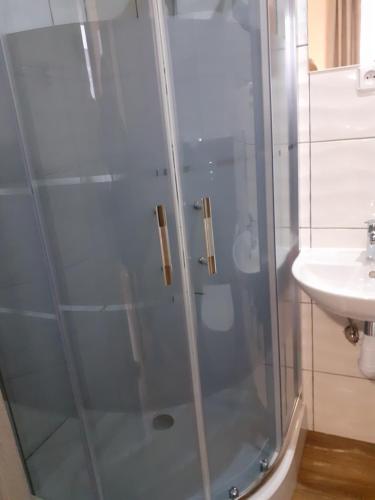 a shower with a glass door next to a sink at Pokoje Gościnne in Gdańsk