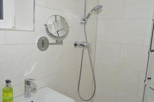 y baño con ducha, lavabo y espejo. en Apartment in Reutlingen / Sickenhausen, en Reutlingen