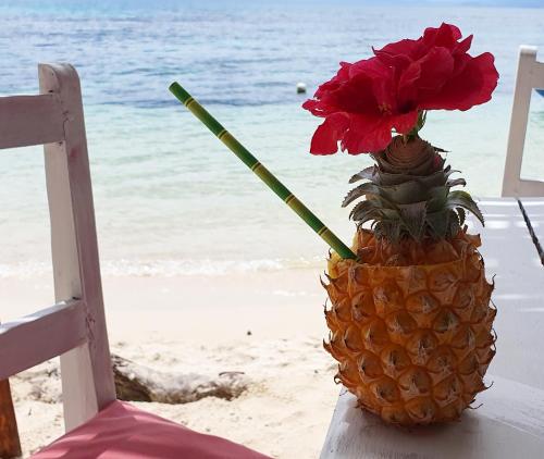 a pineapple vase with a flower in it on the beach at Hotel ECOLODGE LE RAVORAHA in Sainte Marie