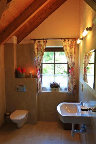 a bathroom with a sink and a toilet and a window at Zagroda Lipowiec in Polańczyk