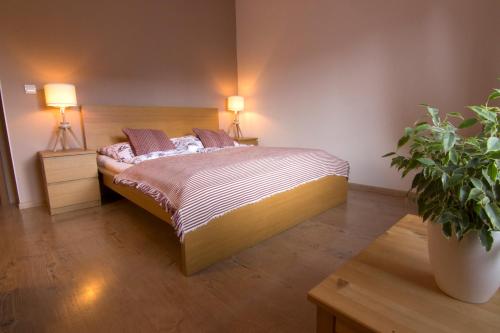 a bedroom with a bed with two lamps and a potted plant at Apartmány Malý Princ in Bojnice