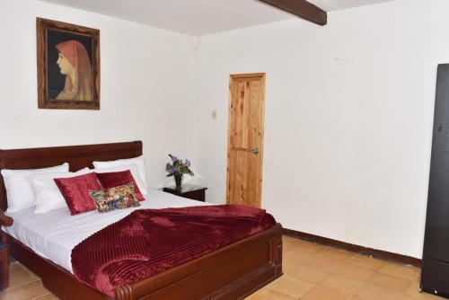 a bedroom with a bed with red pillows at ALOJAMIENTO MI TESORITO in Filandia