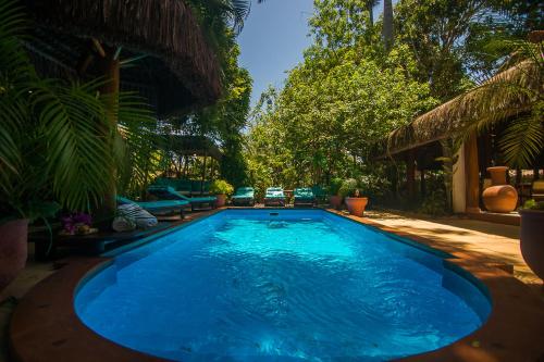 a large blue swimming pool in a yard with trees at Le Laurent Boutique Hotel - Adult Only in Arraial d'Ajuda