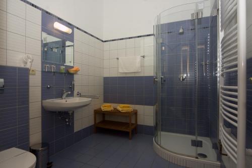 y baño de azulejos azules con ducha y lavamanos. en Hotelový a jezdecký areál Dvůr Krutěnice, en Krutěnice