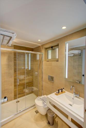 a bathroom with a shower and a toilet and a sink at Maria Beach Hotel in Kissamos