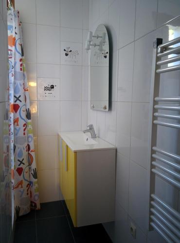 une salle de bain avec un lavabo et un miroir dans l'établissement Chalet avec jardin, à Bourg-Saint-Maurice