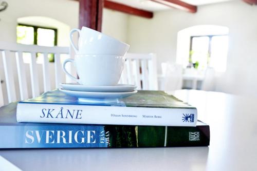 a stack of books with a coffee cup on top at Gårdshotellet in Ystad