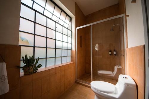 a bathroom with a toilet and a shower at Casa Montore by Barrio Mexico in Guadalajara