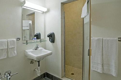 La salle de bains est pourvue d'un lavabo et d'une douche. dans l'établissement Valued Stay Mayflower, à Madison