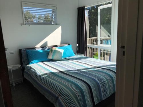 een slaapkamer met een bed met blauwe kussens en een raam bij 9 Alpine Avenue in Hanmer Springs