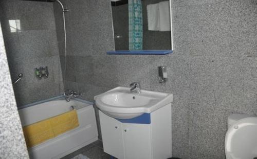 a bathroom with a sink and a toilet and a tub at Complex Domneasca in Seimeni