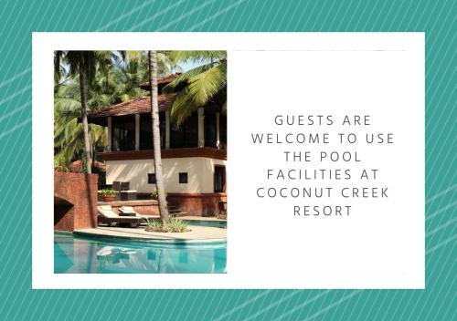 uma fotografia de um resort com as palavras que os hóspedes podem usar as comodidades da piscina em Joets Guesthouse em Bogmalo