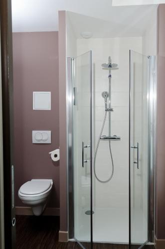 a bathroom with a toilet and a glass shower at Logis Hôtel Le Vert Galant in La Flèche