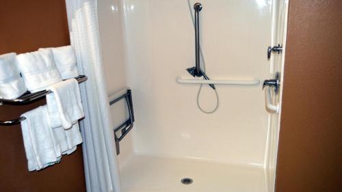 a shower in a bathroom with white towels at Holiday Inn Express Hotel & Suites Suffolk, an IHG Hotel in Suffolk
