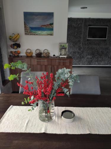 a vase filled with red flowers on a table at House Biba & Leona in Rastovača