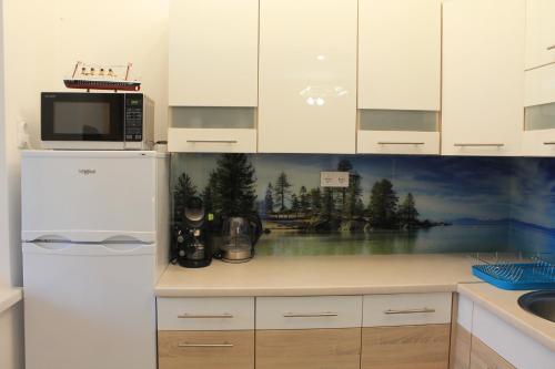 a kitchen with a white refrigerator and a painting on the wall at Tisza Villa in Abádszalók
