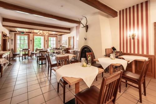 un restaurante con mesas y sillas y una chimenea en Hotel Hof Tütsberg, en Behringen