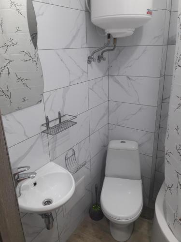 a white bathroom with a toilet and a sink at Apartments near Metalist Stadium in Kharkiv