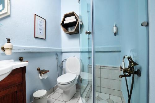 a bathroom with a toilet and a glass shower at BLUE GREY cottage in Portariá
