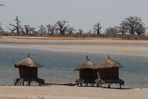 tres sombrillas de paja en una playa cerca del agua en Villa Ndangane, en Ndangane