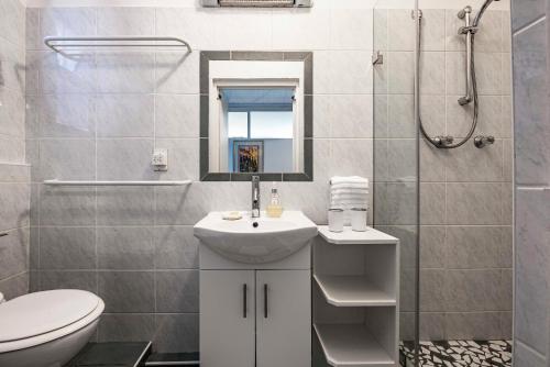 a bathroom with a sink and a toilet and a mirror at Garden apartment Bay View in Cape Town